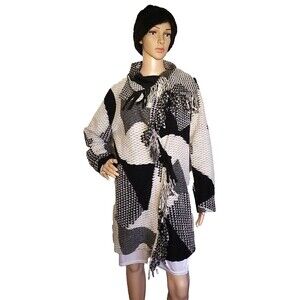 Icelandic Designs Long Cardigan Sweater Jacket L Fringe Black Gray Wool Blend